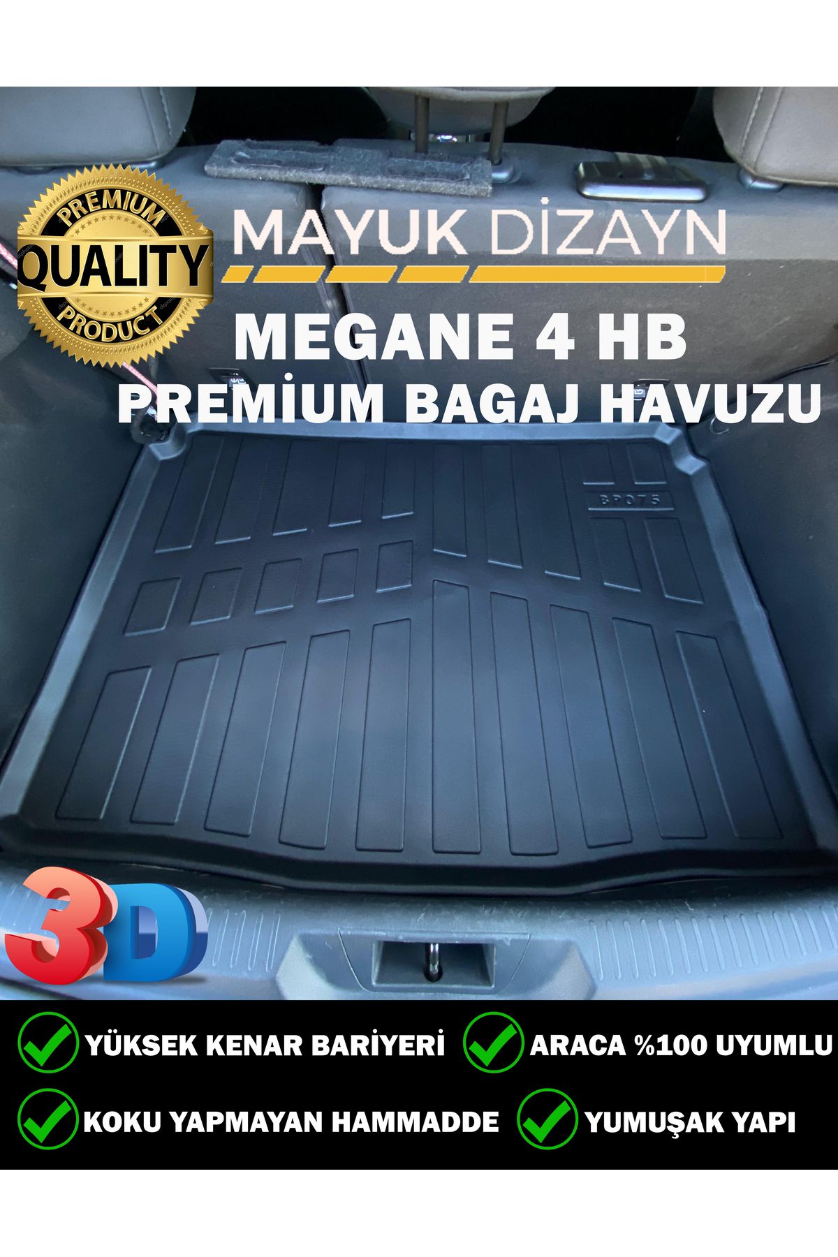 Mayuk Dizayn Renault Megane 4 HB 2016 ve üzeri Model Araca Özel 3D Bagaj Havuzu