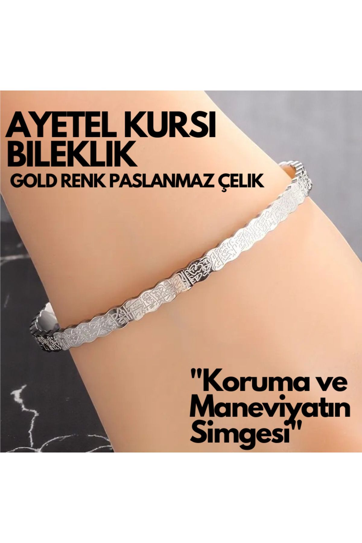KT AKSESUAR Ayetel Kürsi Yazılı Bileklik Paslanmaz Çelik Ayarlanabilir Erkek/Kadın Bileklik