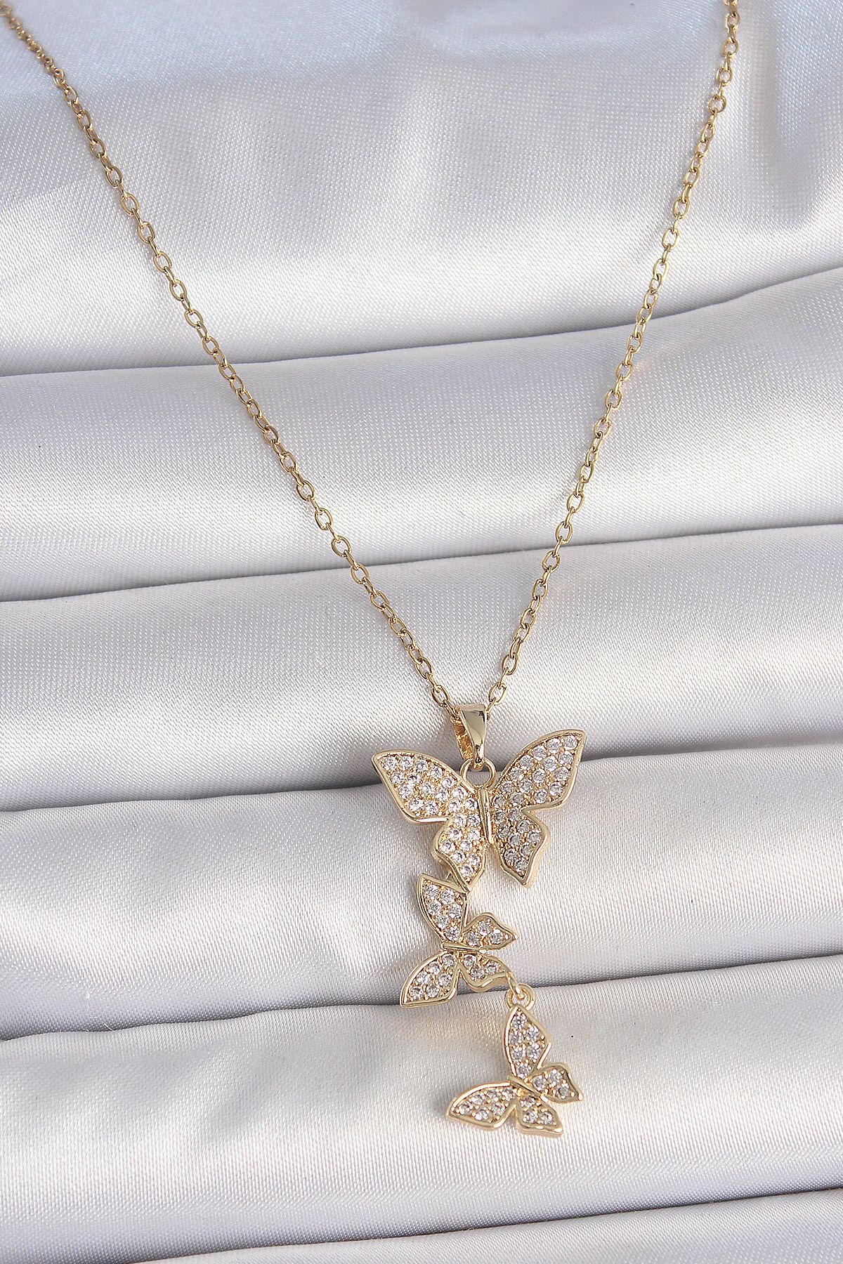 seZZeon 316L Çelik Gold Renk Zirkon Taşlı Sallantı Kelebek Model Kadın Kolye