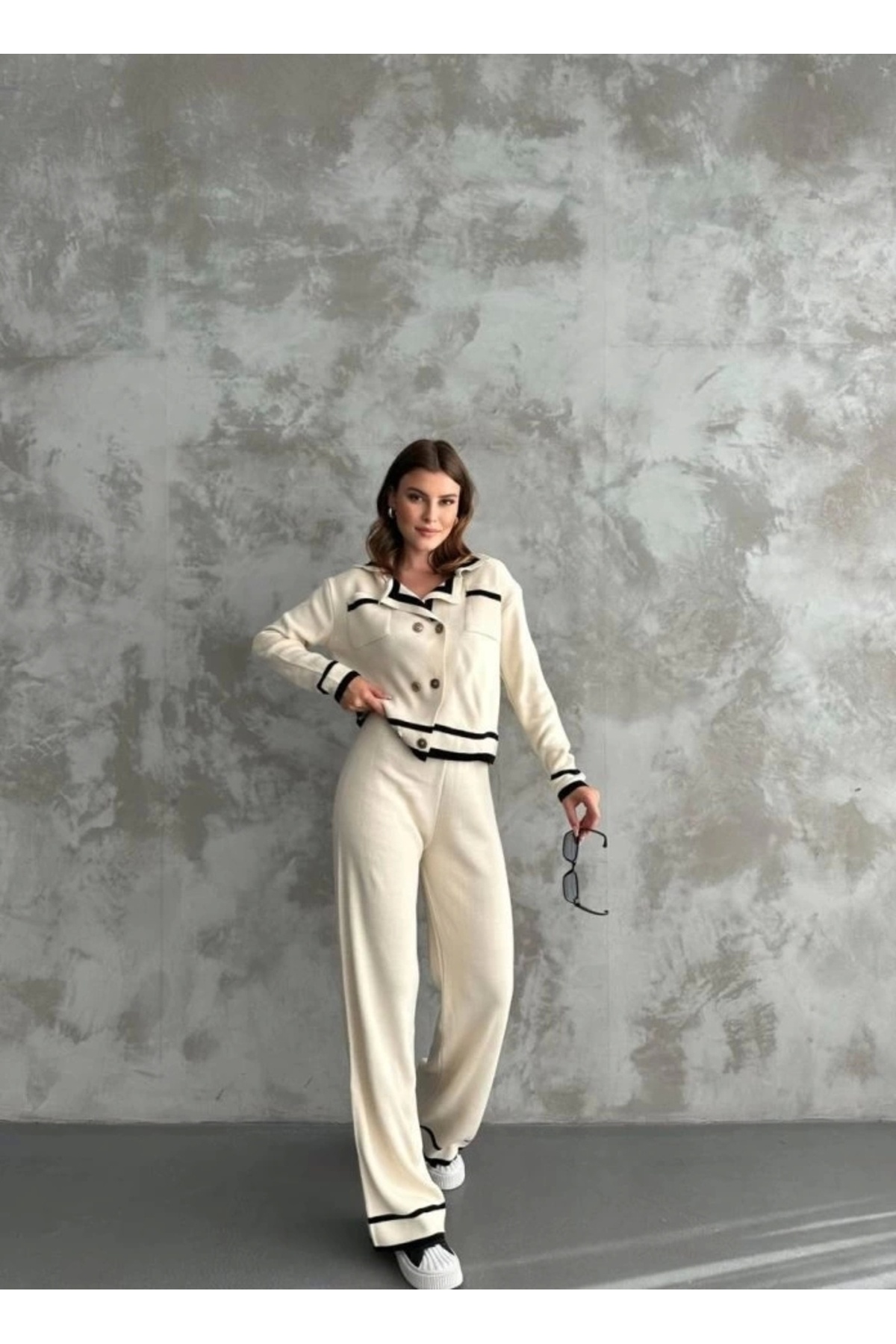 Butik-Stripe Detailed Cardigan Trousers Double Set 2