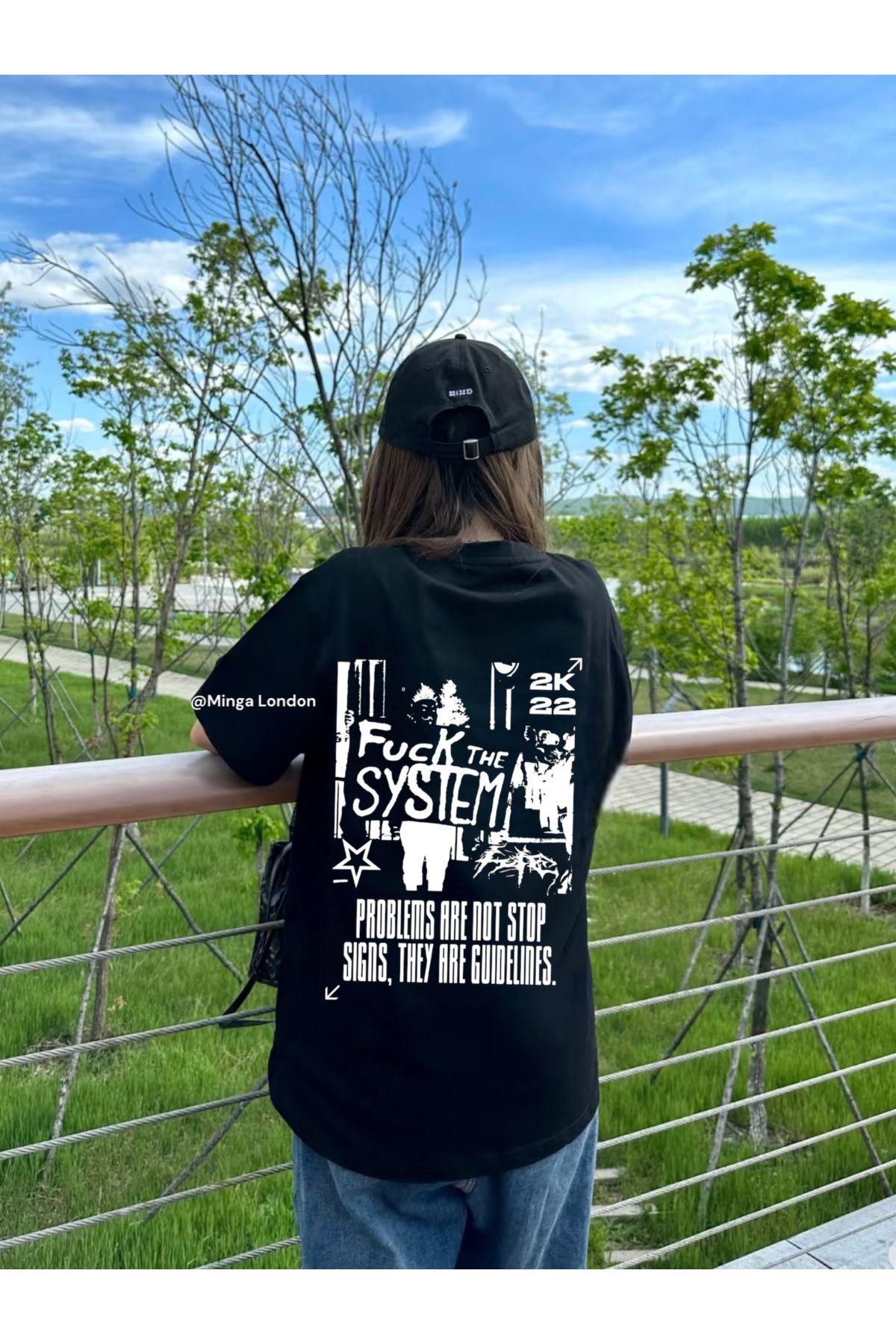 Minga London Siyah F ✪ck the System Sırt Baskılı Oversize Unisex T-shirt -mingalondon