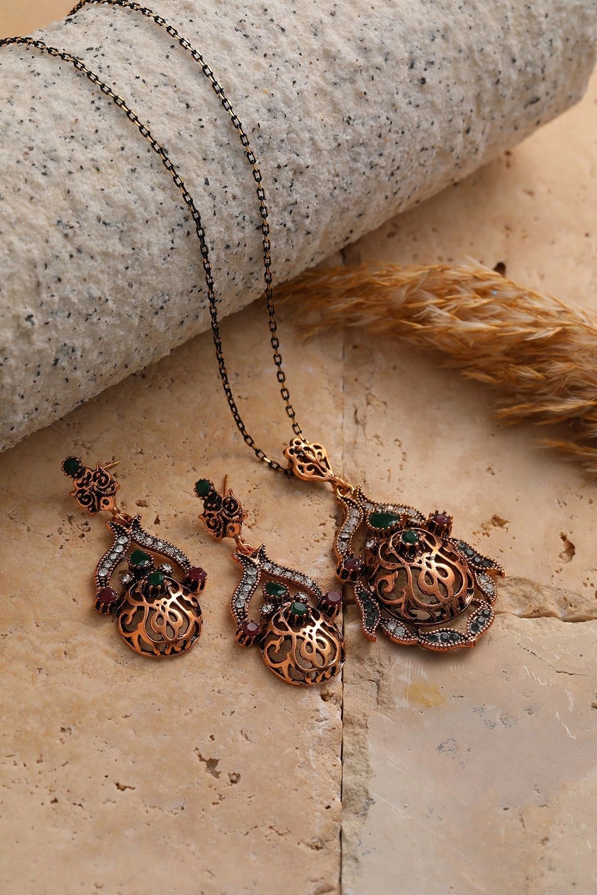 TakıDolabı Beoje Kadın Kolye Küpe Set Otantik Temalı Renkli Taşlı