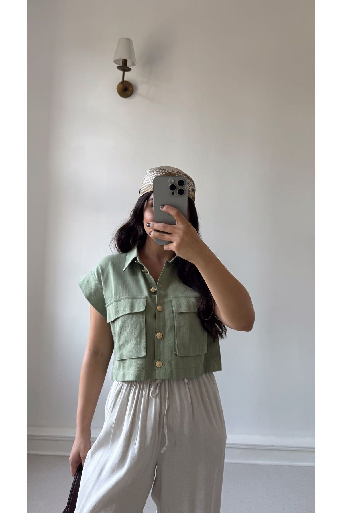 Fistan Byn Melisa Torba Cep Crop Gömlek Yeşil