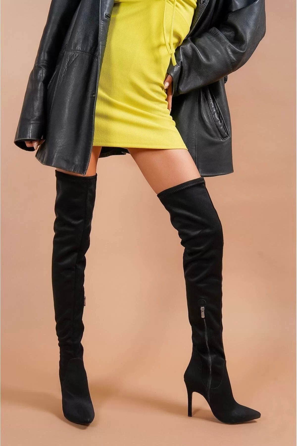 PayBuy Kadın Deri Görünümlü Stiletto Topuklu Diz Üstü Çizme Sivri Burun Şık Model