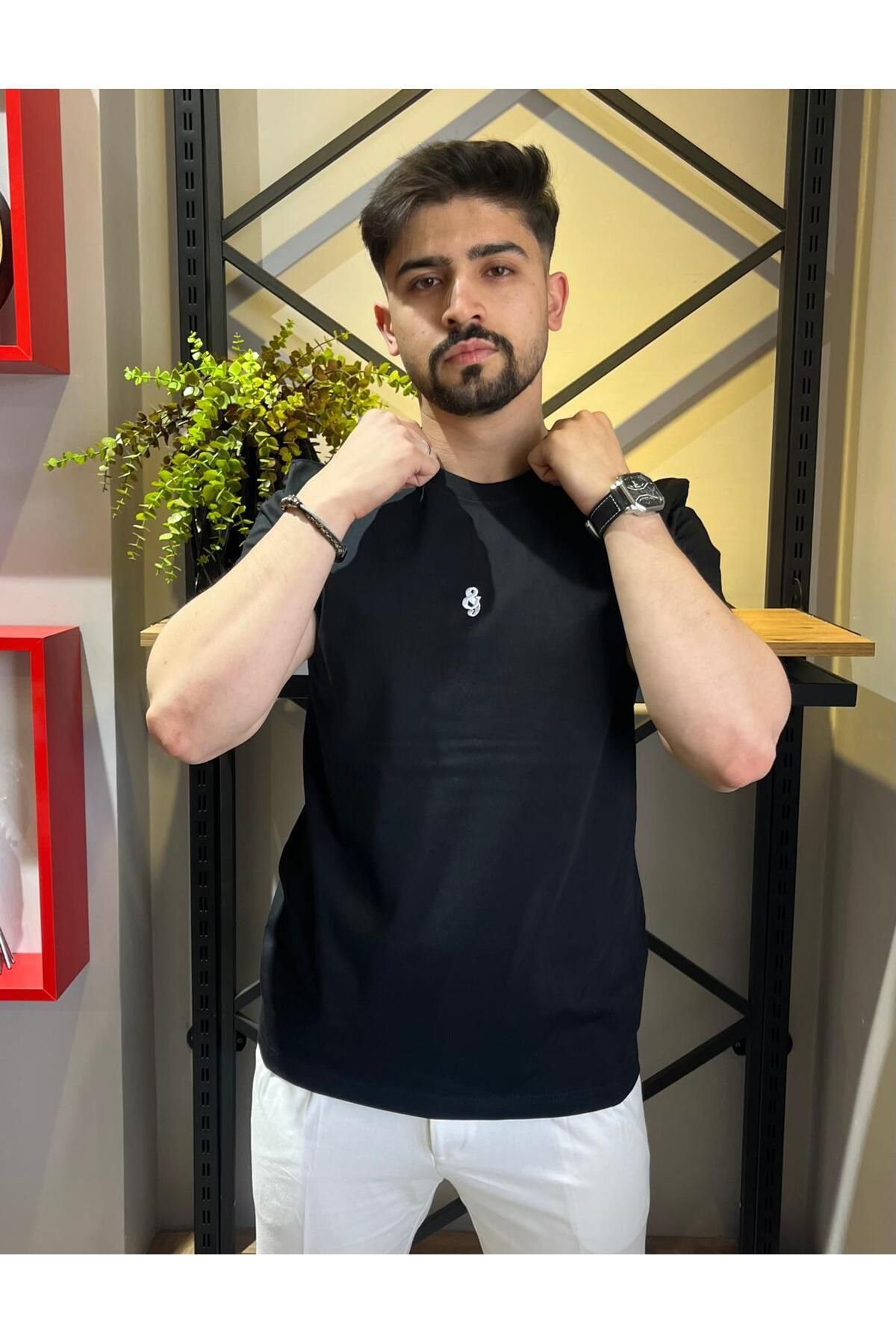 Butik Unisex Basic Ön Arka Nakışlı Bisiklet Yaka Siyah Tişört