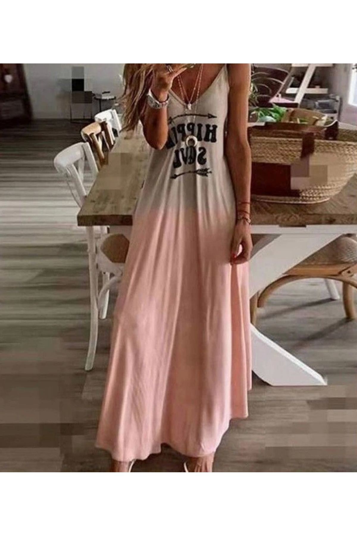 Butik Kadın Süprem Kumaş Dijital Baskılı Askılı Maxi Boy Askılı Elbise