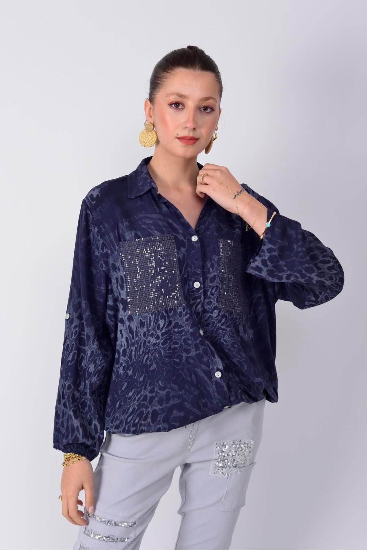 Park Moda 22007-1 LEOPAR DESEN İP DETAYLI PAYETLİ GÖMLEK