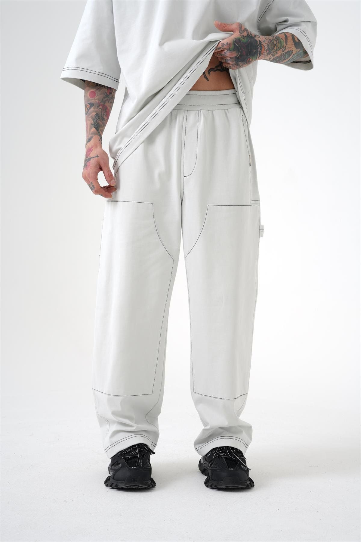 Machinist Erkek Premium Sewing Cepli Oversize Gri Pantolon