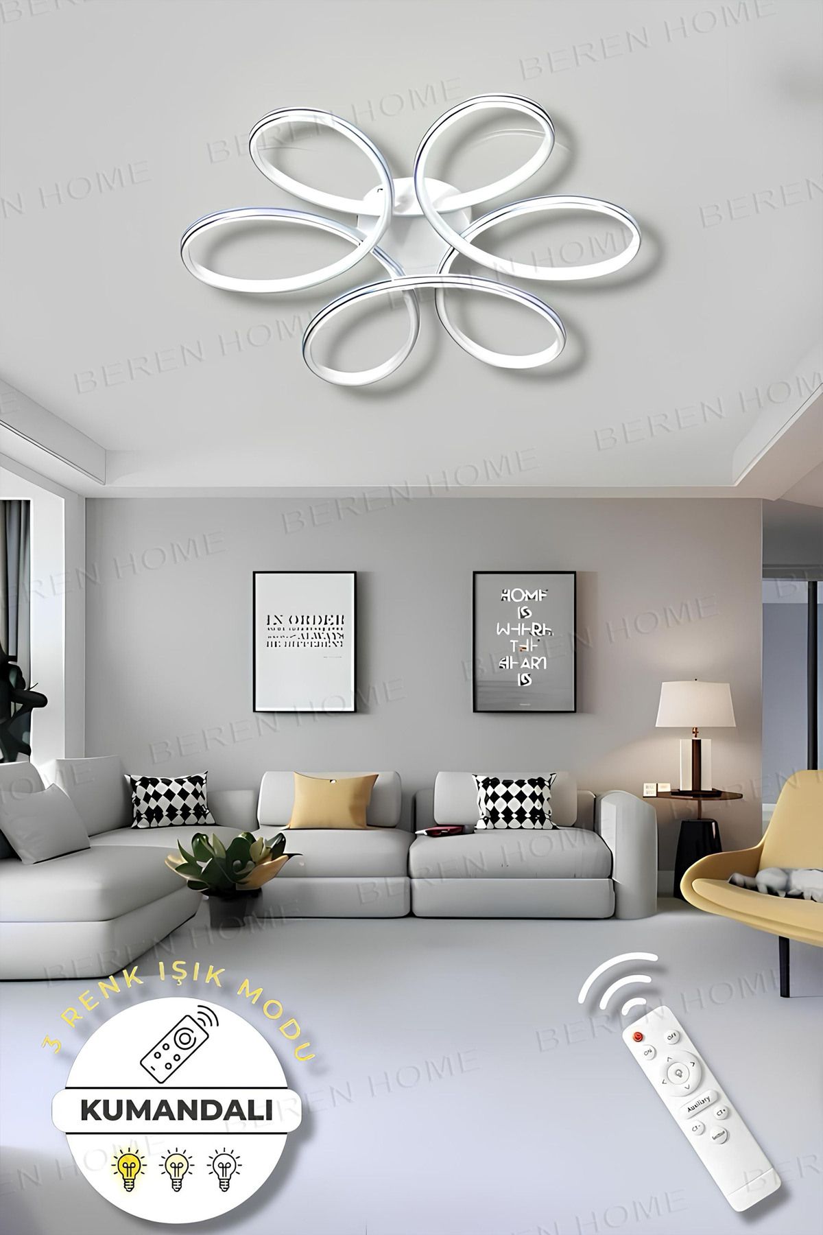 BEREN HOME Sayra White Chrome Kumandalı 3 Renk Modern Plafonyer Led Avize