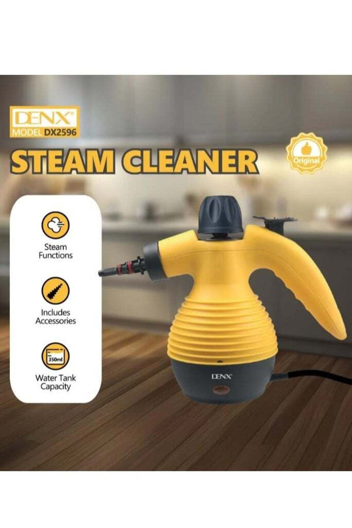 Denx-A multi-use steam cleaning device that operates electrically, with a power of 1200 watts, and a 7