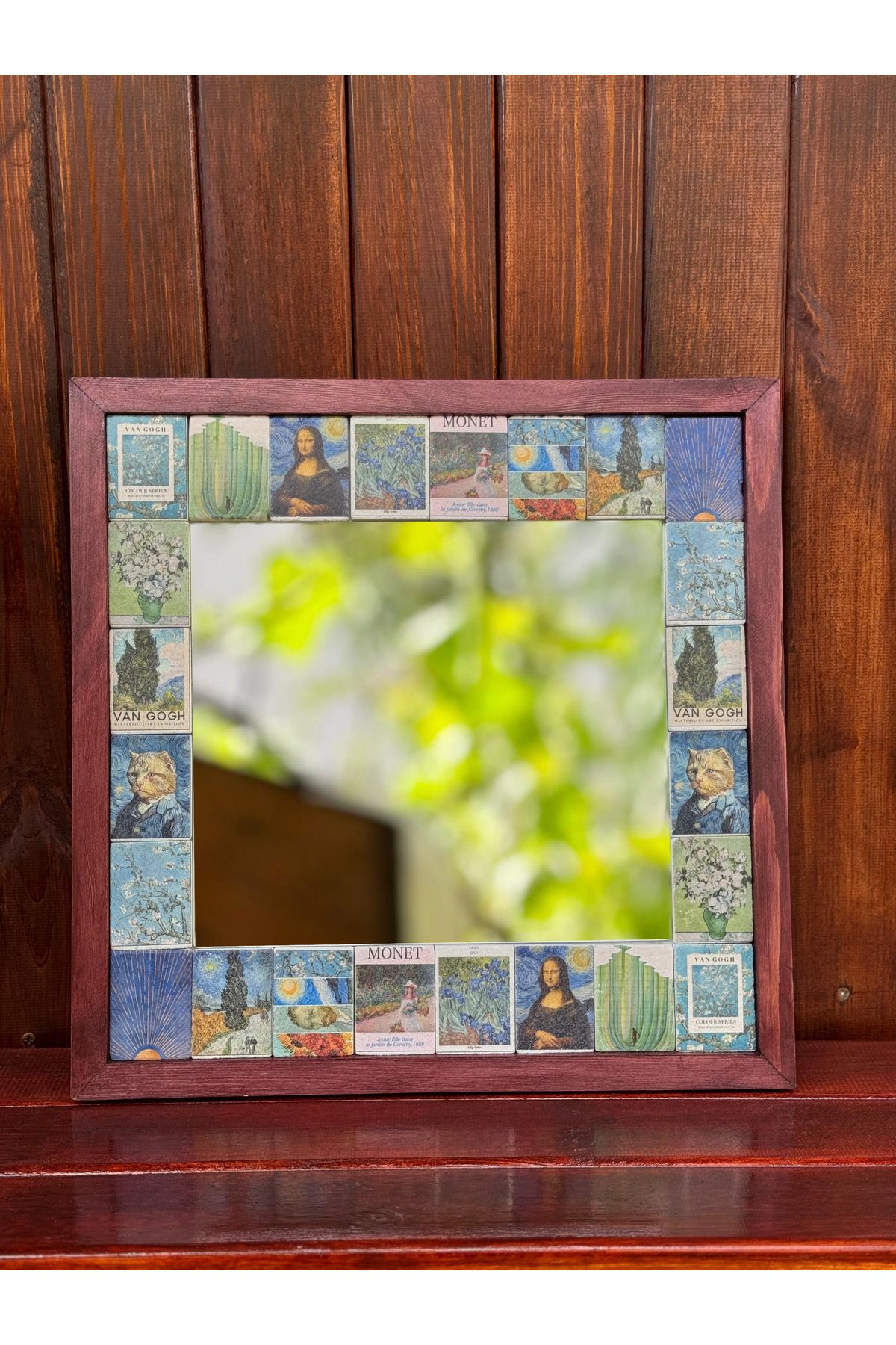 Butik Doğal Ahşap Çerçeveli UV Baskılı Büyük Ayna 40x40 cm (Van Gogh) Konsol Aynası