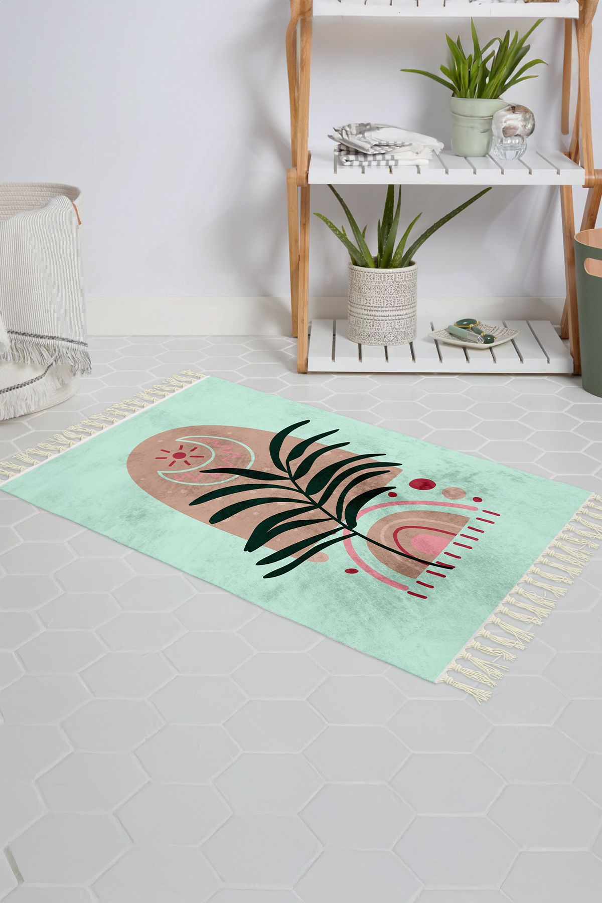 Tropikhome Banyo Paspası Yeşil Palmiye Desenli Baskılı 50x80 Püsküllü Polyester Kaymaz Tabanlı Duş Paspası