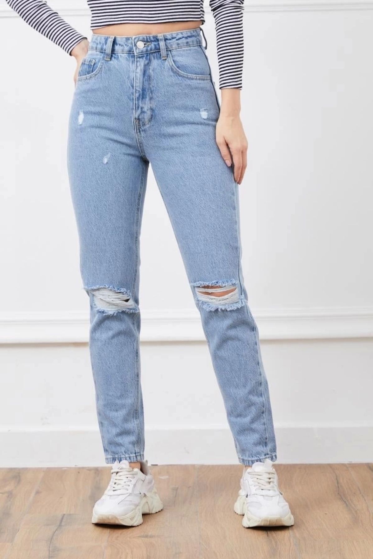 TB Terzi Bey Yüksek Bel Yırtmaçlı Mom Jean Pantolon