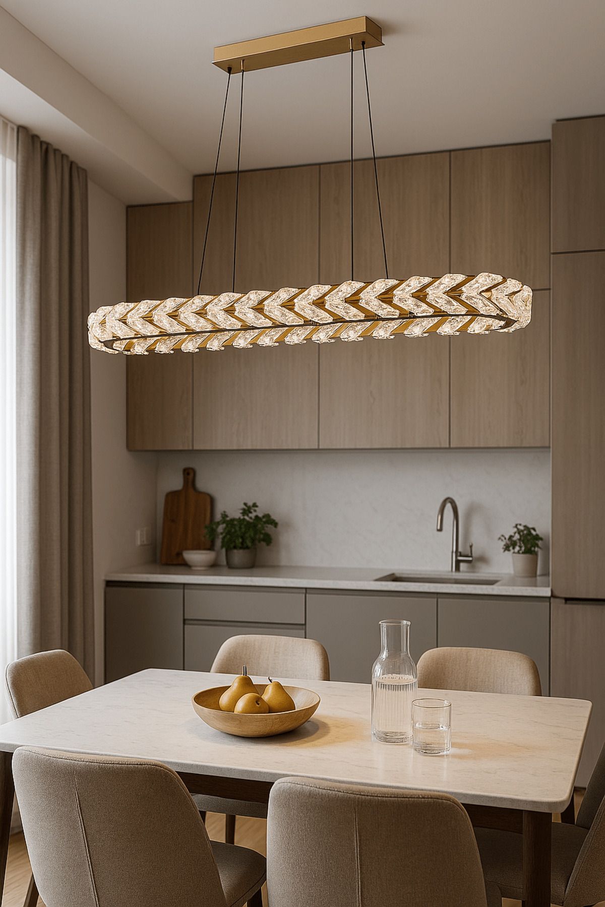 ATIK Baha Dalga Formlu Kristal Lineer Avize Yemek Masası
