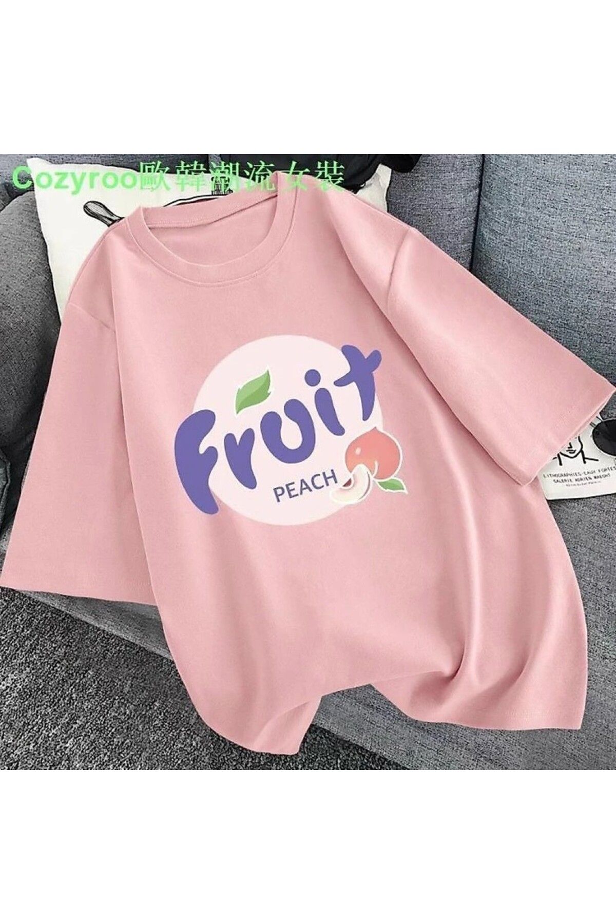 aynewmoda Meyve Baskılı Kısa Kollu Yuvarlak Yaka Tişört