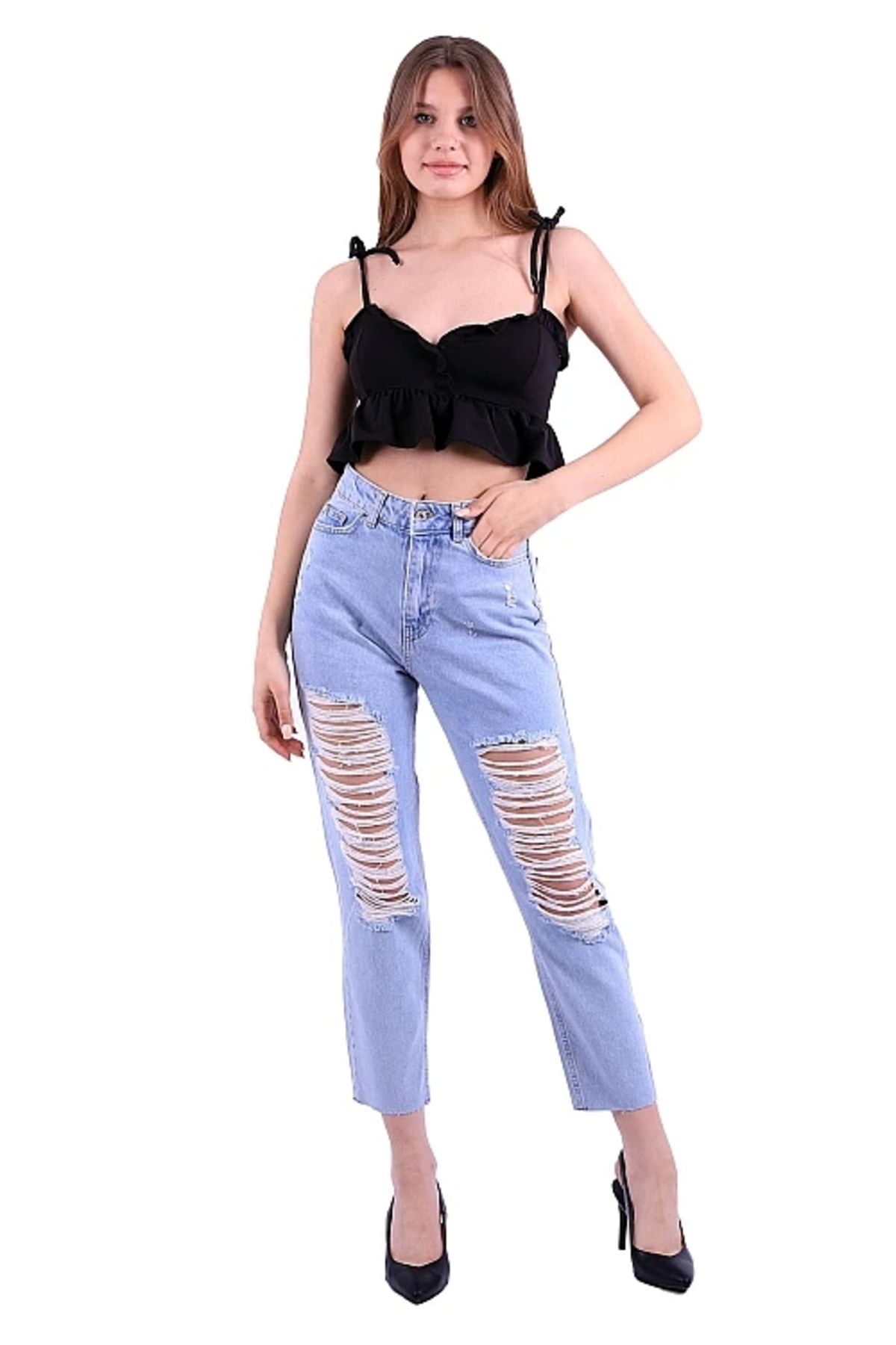 TakıDolabı Yüksek Bel Yırtık Jean %100 PAMUK