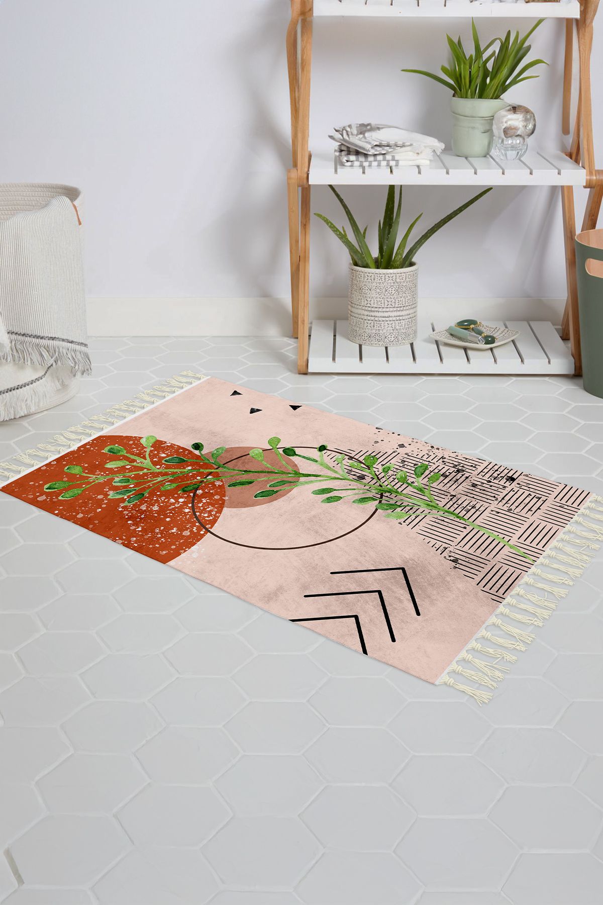 Tropikhome Banyo Paspası Bitki Desenli Baskılı 50x80 Püsküllü Polyester Kaymaz Tabanlı Duş Paspası