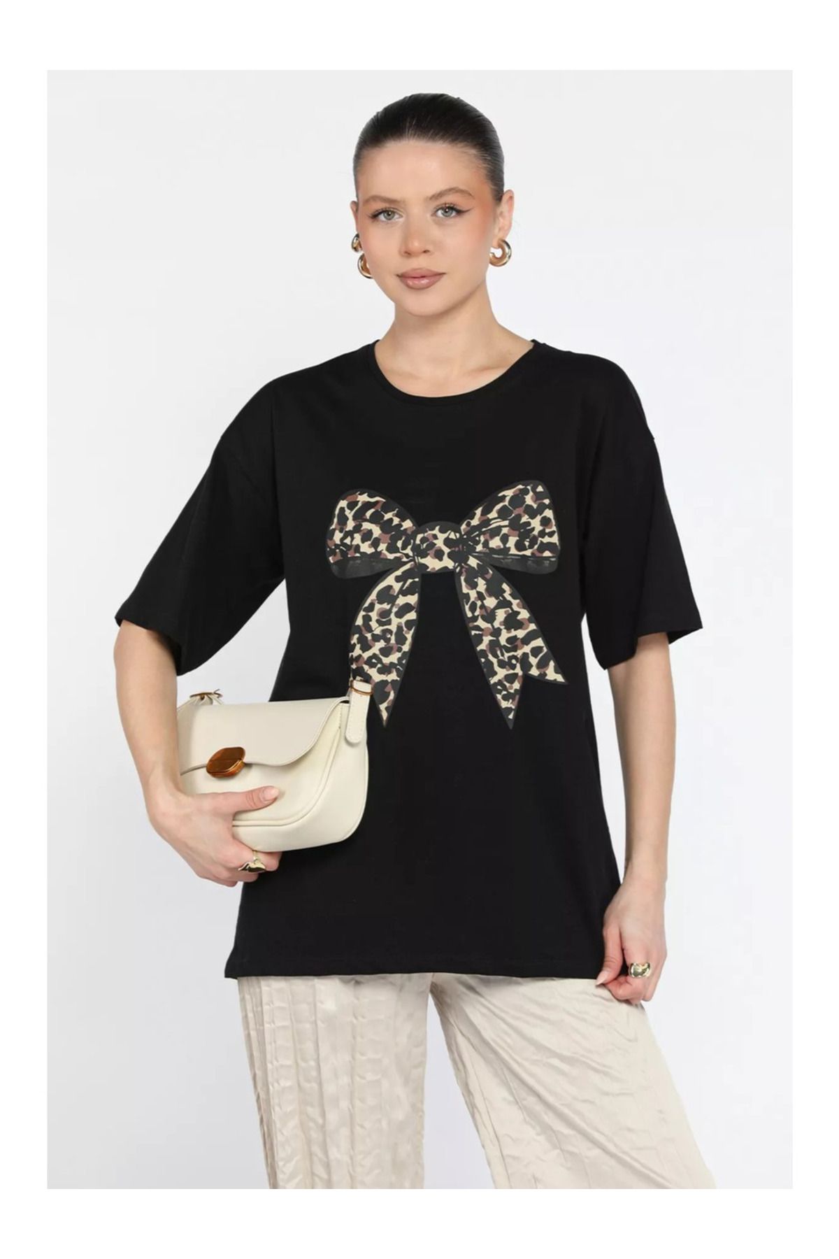 Cebel Hira Moda kadın leopar kurdele baskılı oversize T-Shirt