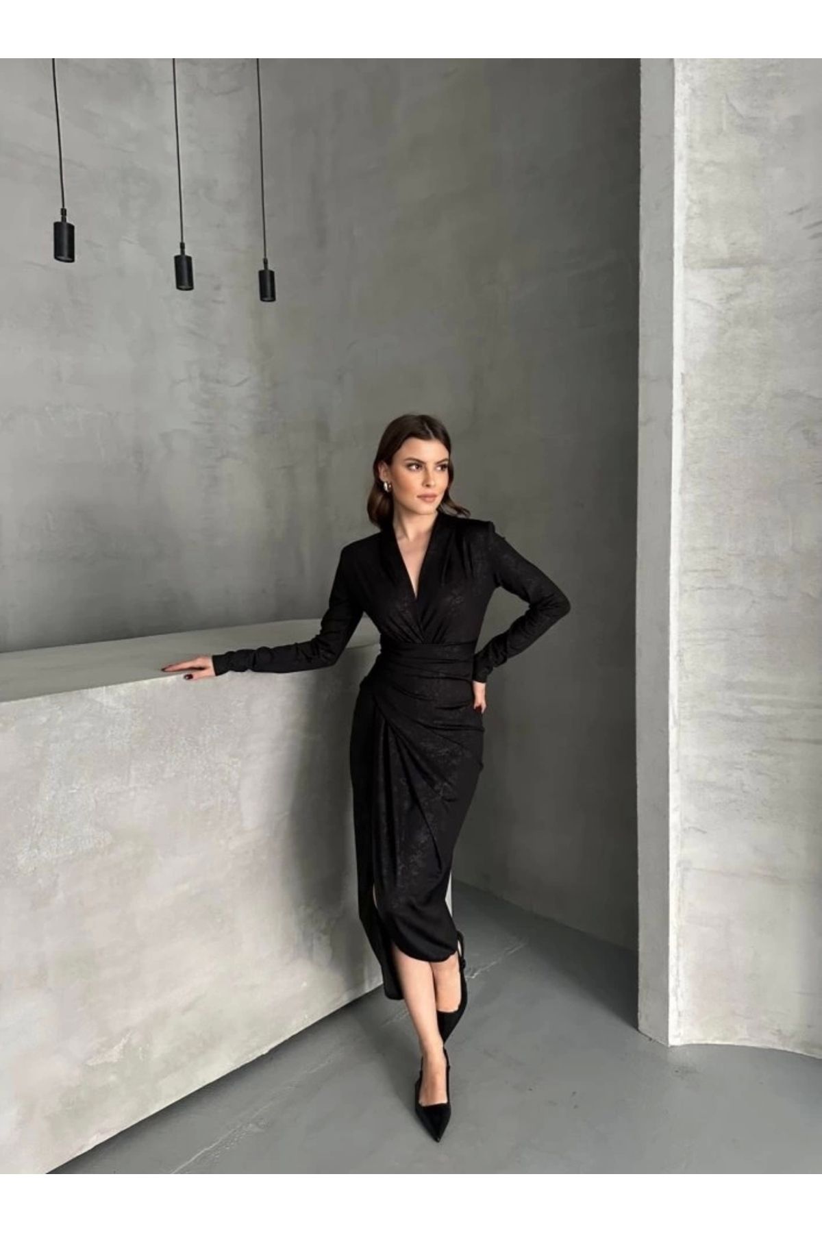 Butik Drape Detaylı Midi Elbise