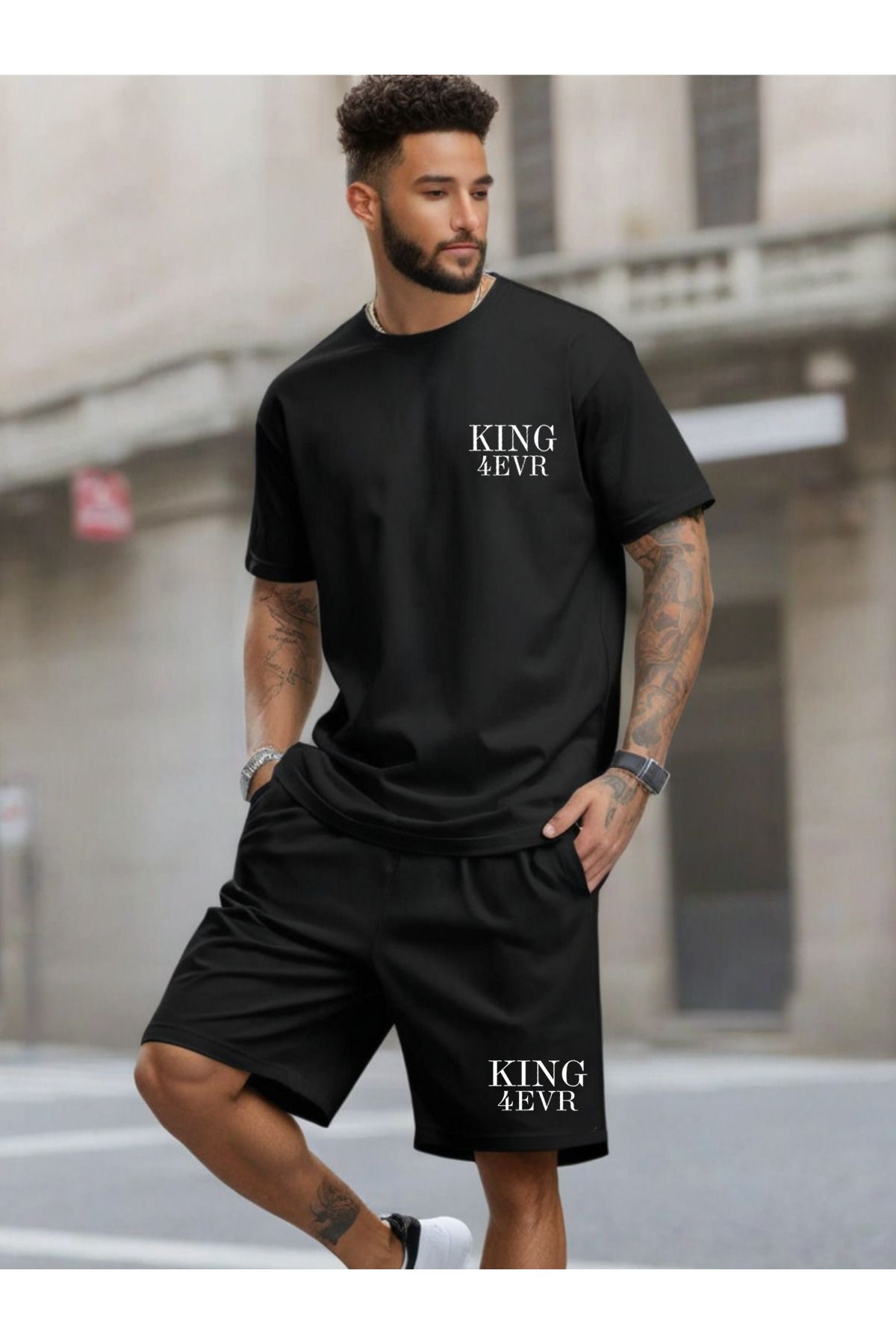dont quıt Erkek Siyah Alt Üst Şortlu Takım KING