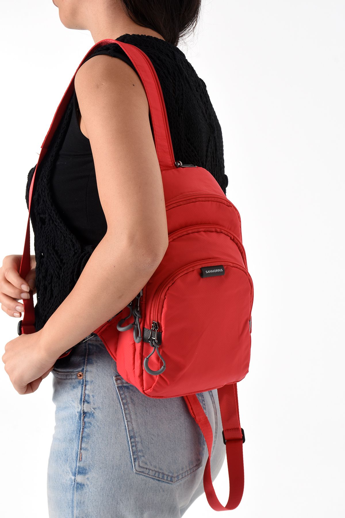 morpelikan Unisex Paraşüt Kumaş Suya Dayanıklı 3 Bölmeli Çapraz Ve Sırtlık Askılı Kırmızı Body Bag