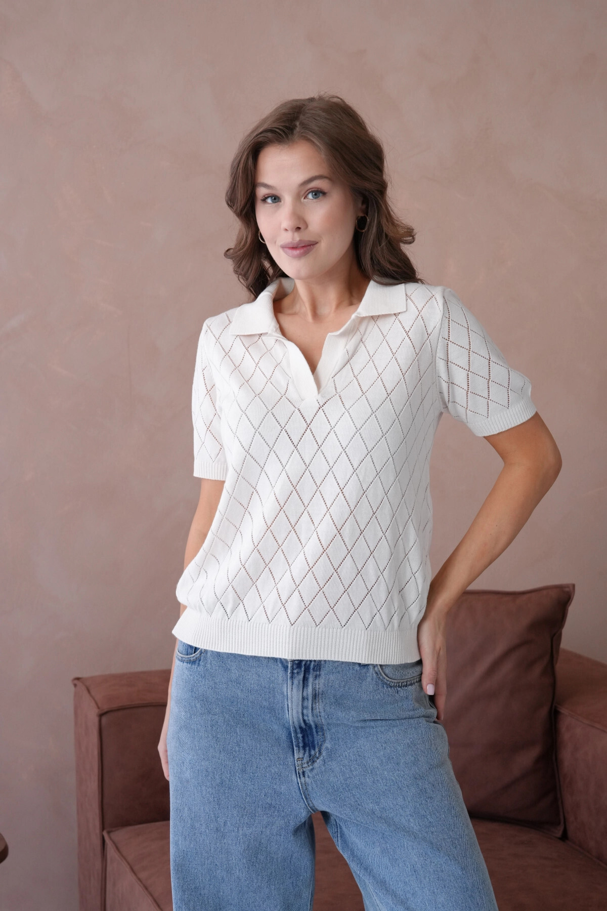 Park Karon-Polo Neck Openwork Short Sleeve Polo Knitwear Sweater 5
