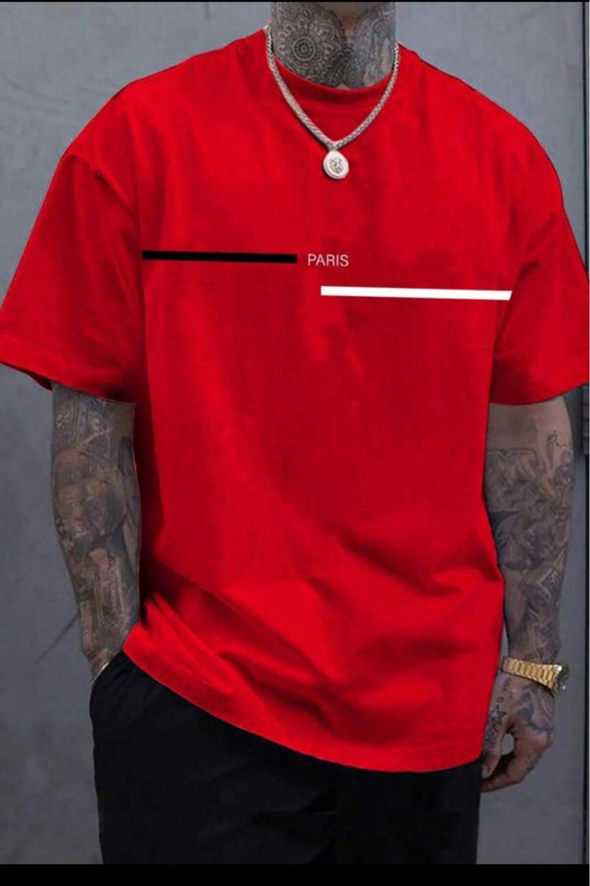 NO 601 Erkek Çizgili Paris Baskılı Oversize Tshirt
