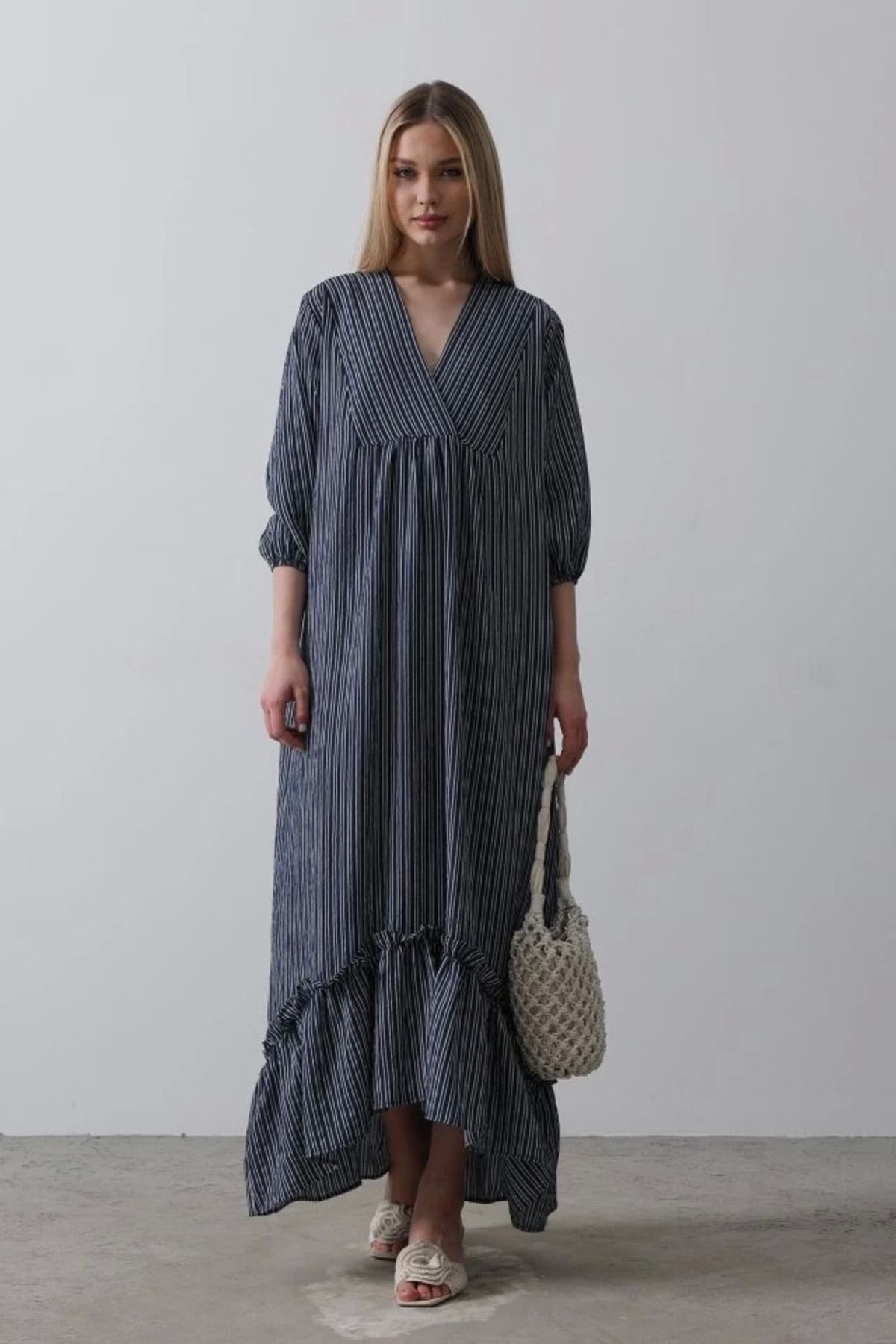 nedo7 Çizgili Oversize V Yaka Elbise - Lacivert