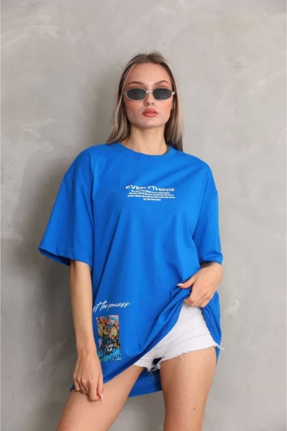 nedo7 Unisex Bisiklet Yaka Baskılı Oversize T-Shirt - Mavi