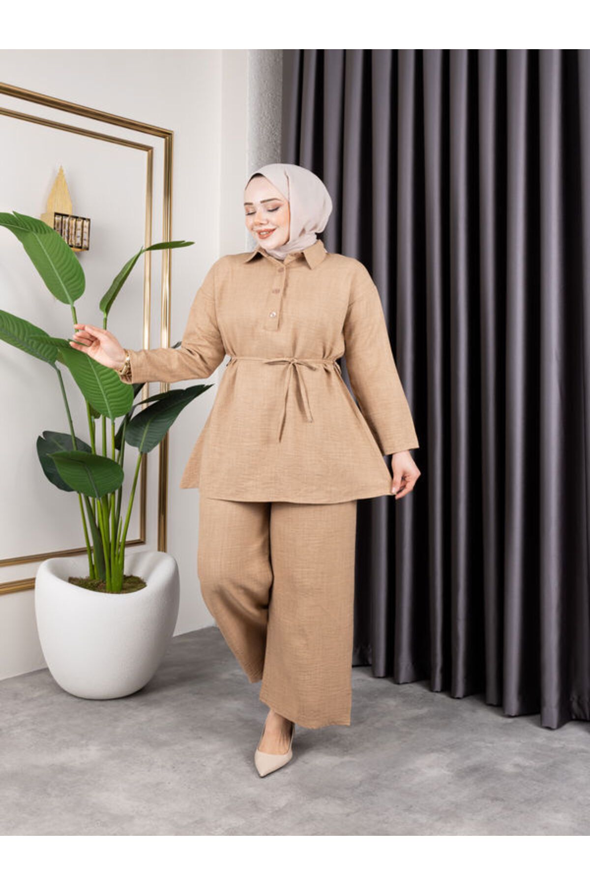 HİRA LİFE FASHİON Kadın Gömlek Yaka Ve Önü Düğmeli Beli Bağcıklı Pantalon & Tunik Keten İkili Takım