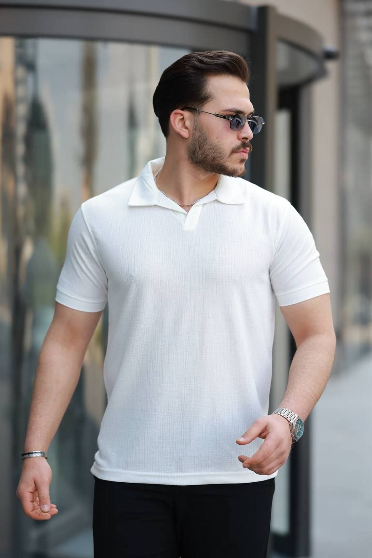 YONEZ MODA Erkek Rahat Kalıp Hafif Kumaş Desenli Jakar Polo Yaka Tişört