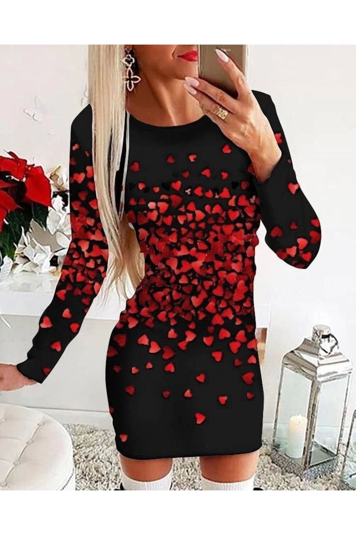 Butik Mikro Kalp Dijital Baskili Elbise