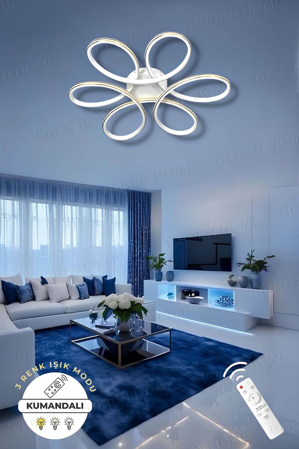 BEREN HOME Sayra White Gold Kumandalı 3 Renk Modern Plafonyer Led Avize