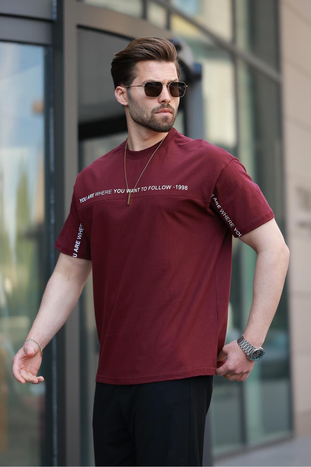 Madmext Bordo Bisiklet Yaka Baskılı Basic Tişört E7156