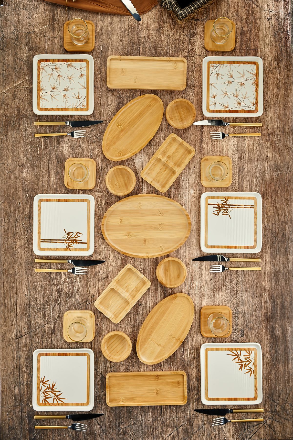 Oziy Home 23 Parça 6 Kişilik Seramik & Bambu Kahvaltı ve Yemek Takımı Seti Doğal Şıklık Pasta set çay tabaklı