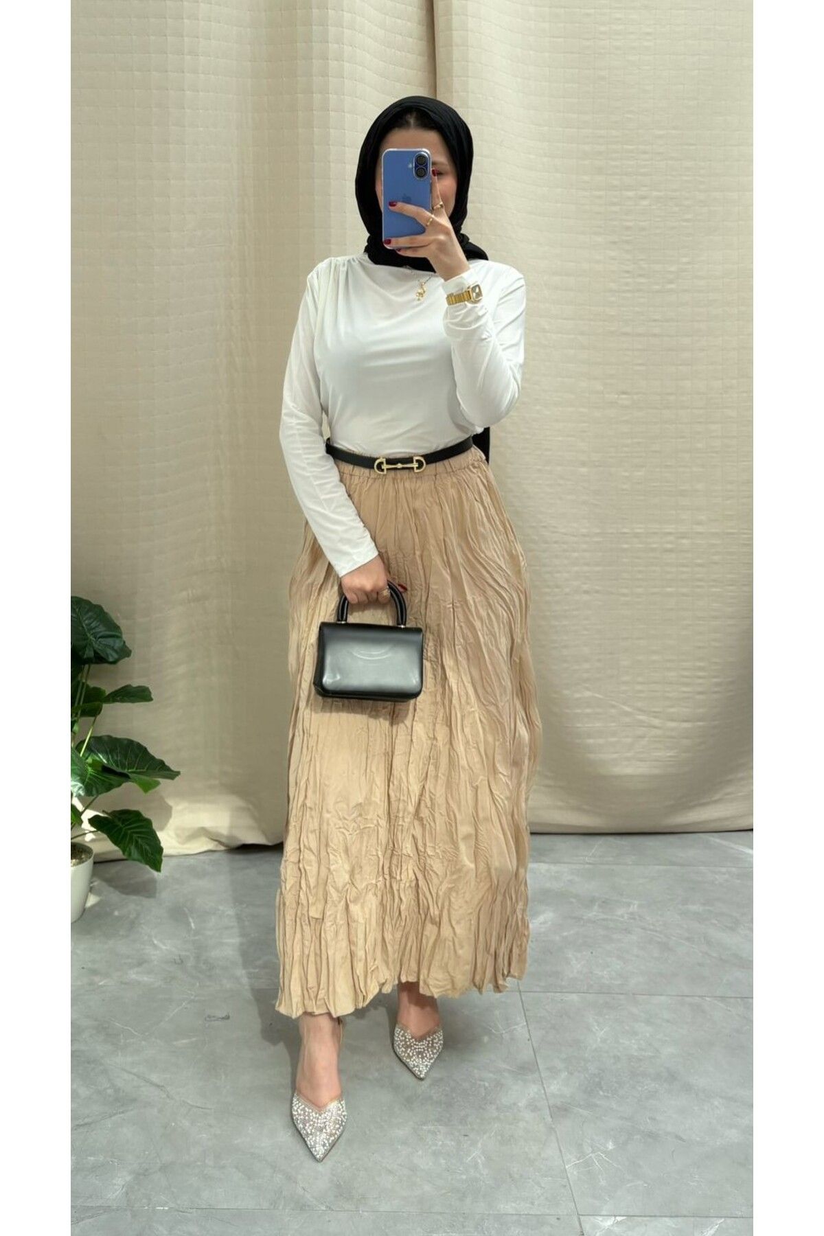 NİSUM MODA KIRIŞIK DOKULU UZUN ETEK