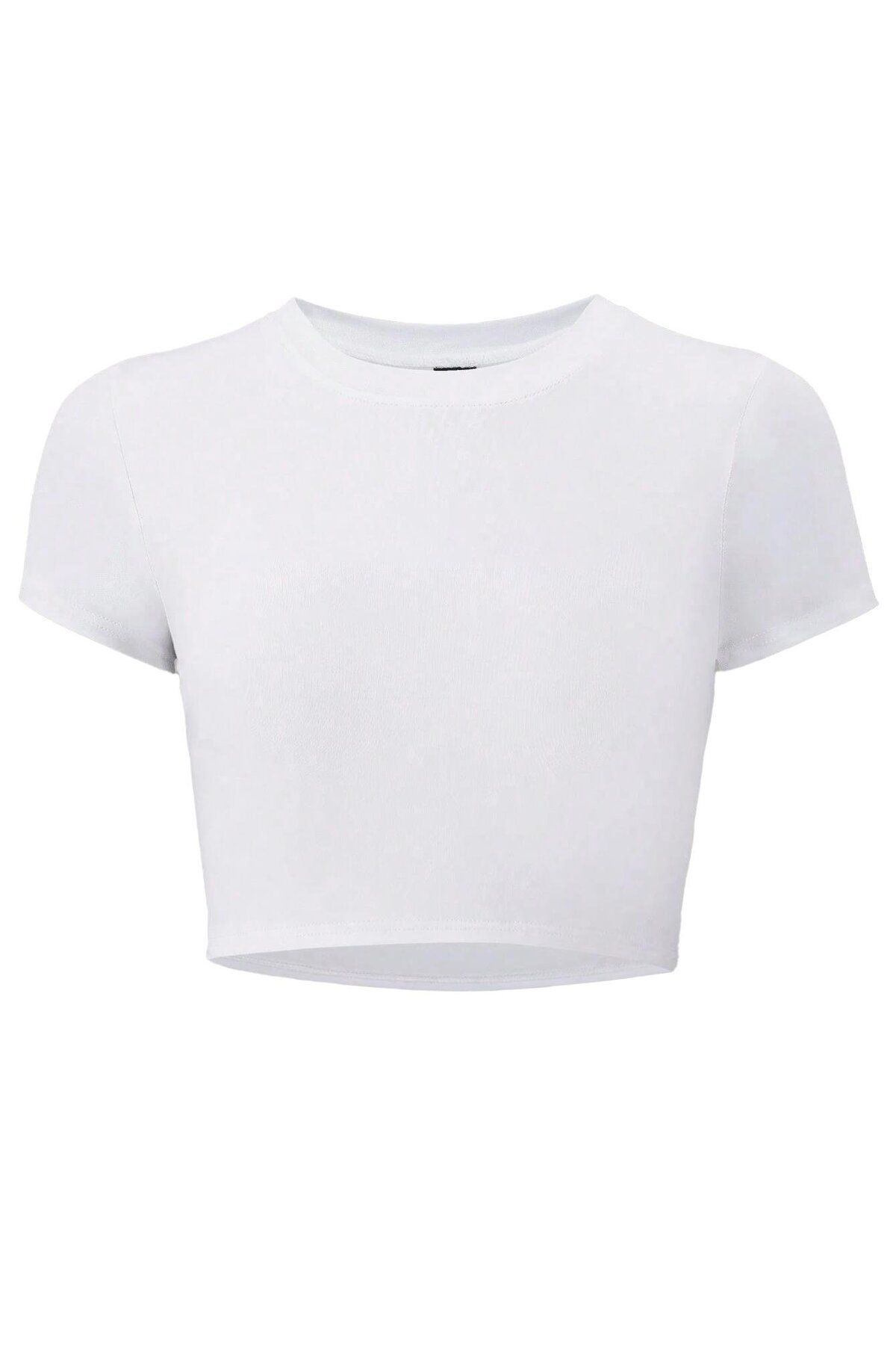 BRZ COLLECTION Kadın Baskısız Basic Crop T-shirt Beyaz
