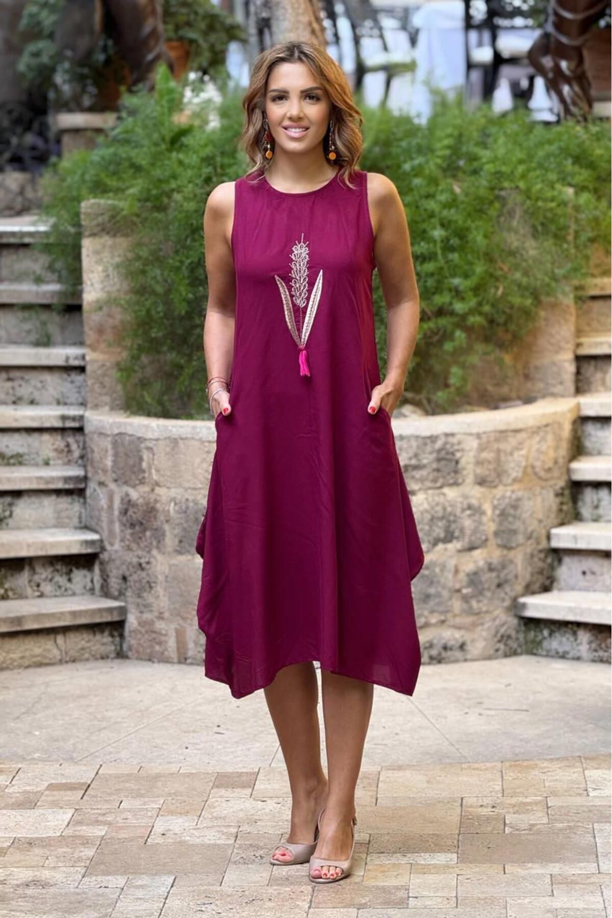 Nevin Kaya Moda Bordo Başak Nakışlı Elbise