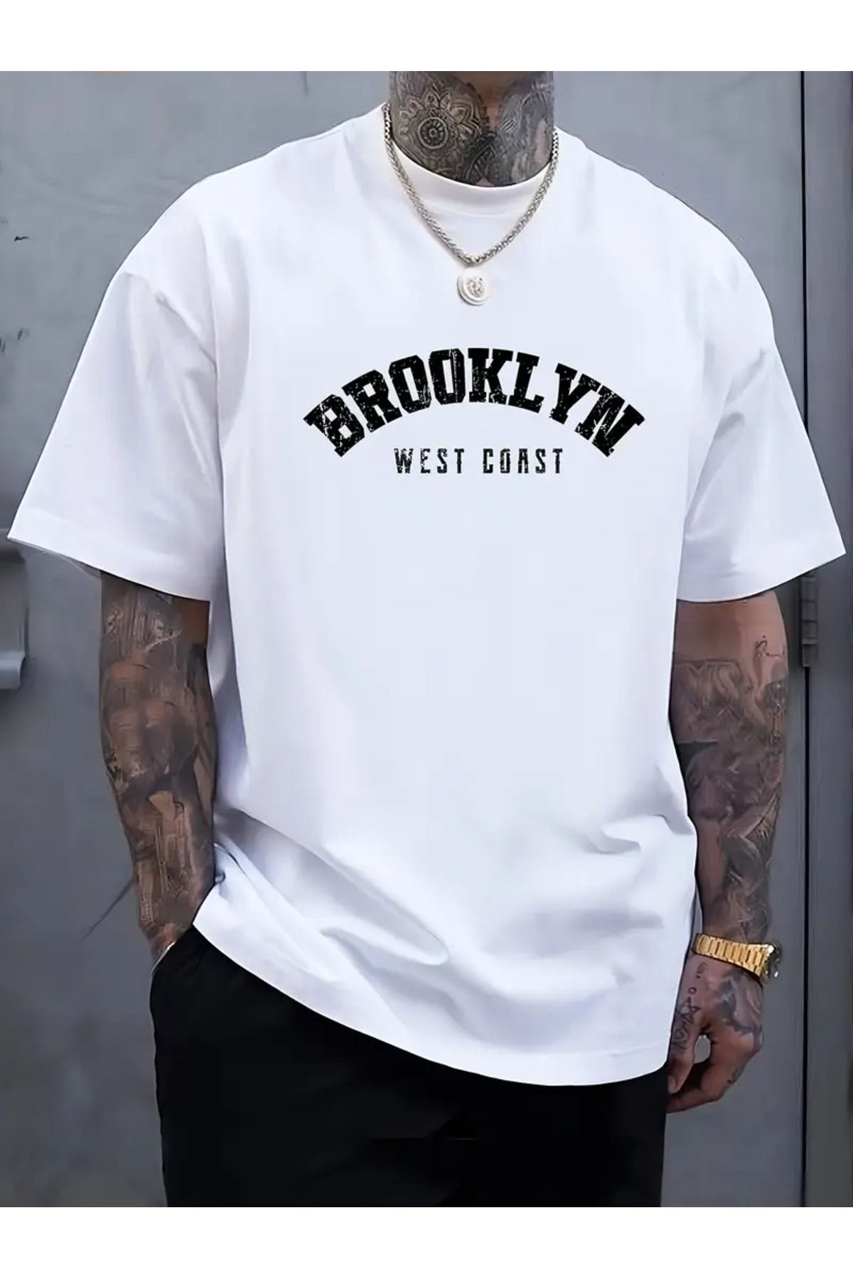 LAND MODA Büyük Beden Erkek T-shirt, BROOKLYN Baskı, Yaz Trendi Kısa Kollu Tişörtler, Büyük ve Uzun