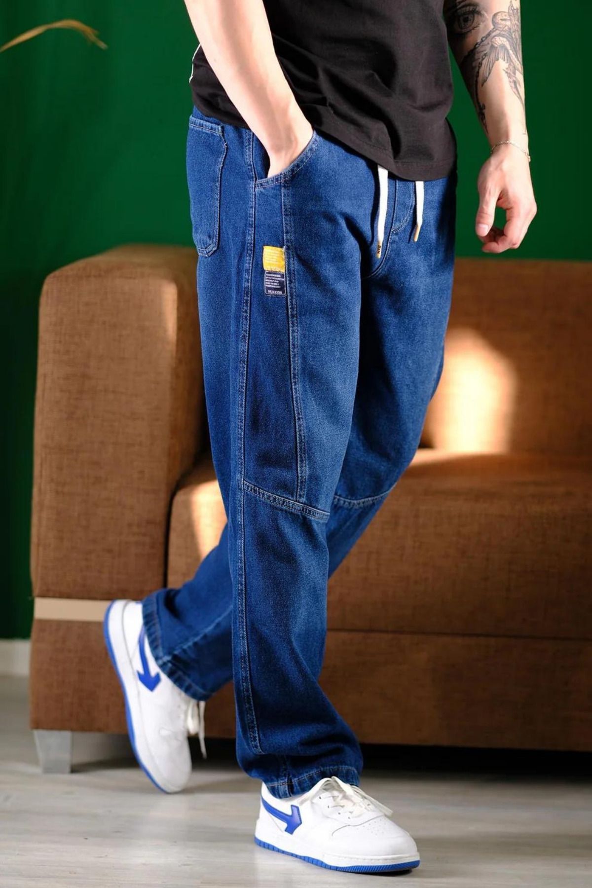 Tarz Cool Erkek Lacivert Bel Lastikli Bağcıklı Baggy Fit Jean Pantolon