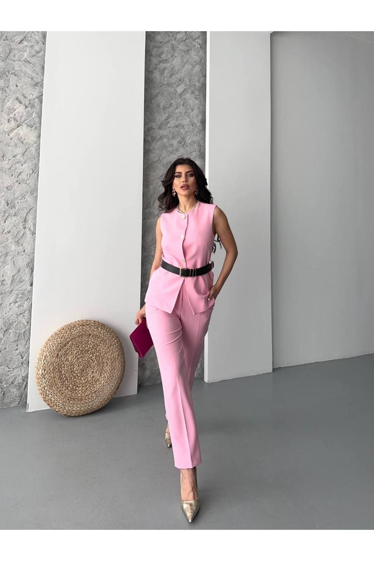 BARG FASHION Kadın Kemerli Yelek Pantolon 2'Li Takım