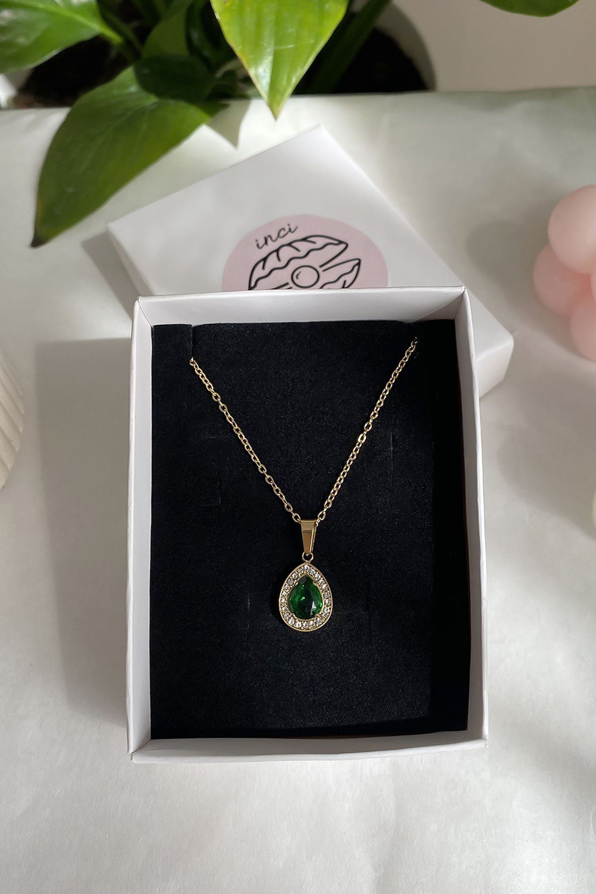 shop Kadın Damla Zümrüt Yeşili Taşlı Çelik Kolye