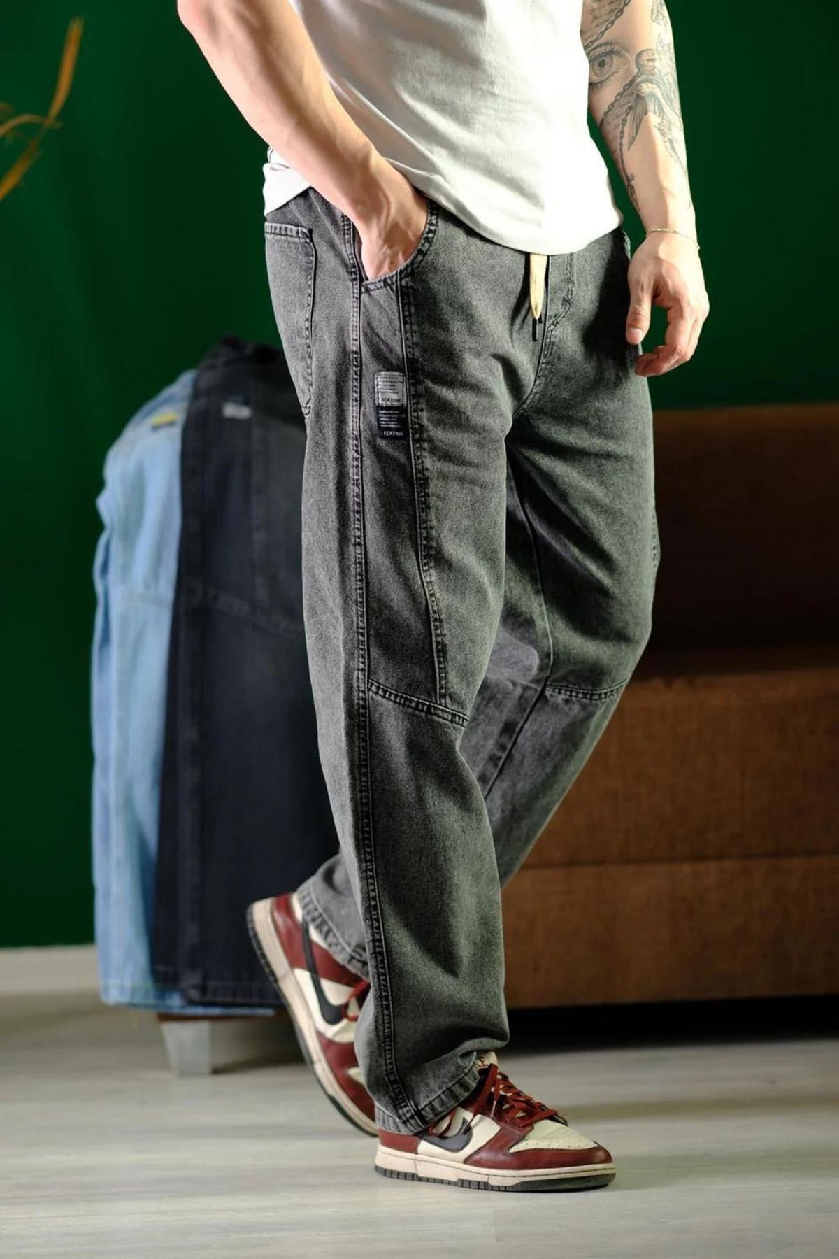 Tarz Cool Erkek Füme Bel Lastikli Bağcıklı Baggy Fit Jean Pantolon
