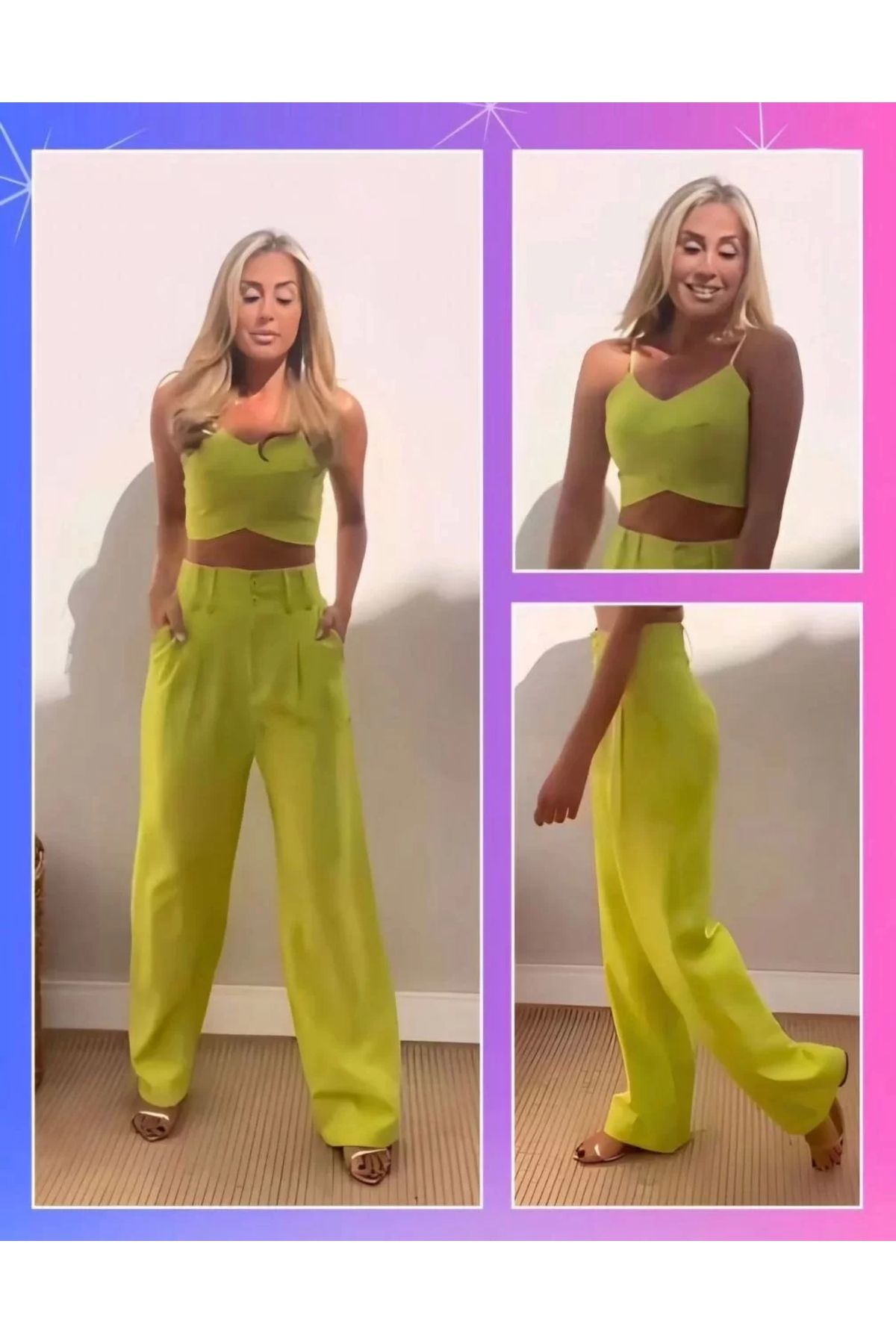 MODA Kadın Askı Detaylı Crop ve Pantolon Takım - Açık Yeşil