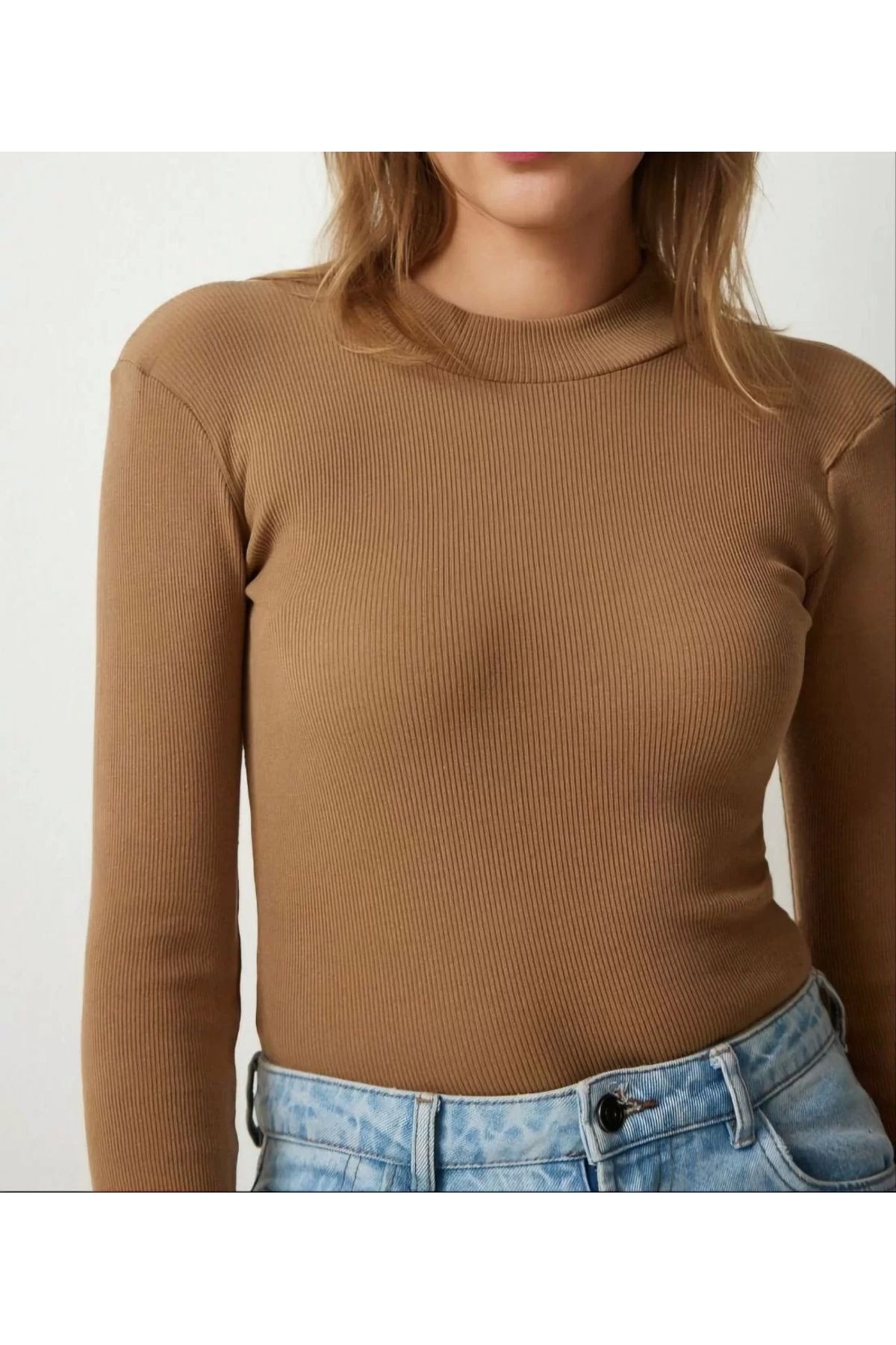 MODA Kadın Full Likralı Fitilli Kaşkorse Body - Kahve
