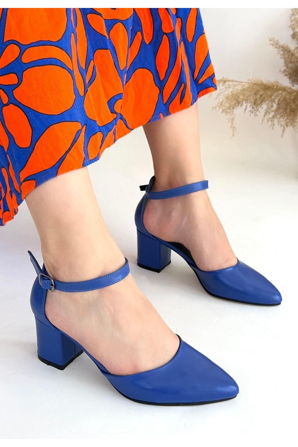 Nil Shoes Mulen Mavi Cilt Topuklu Ayakkabı
