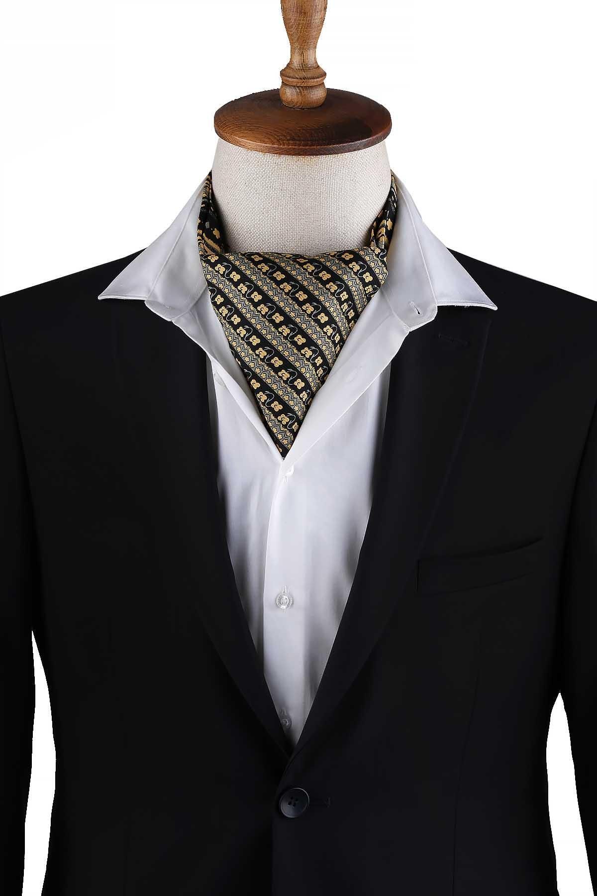 Kravatkolik Sarı - Siyah Motif Desen Erkek Ascot Fular K645
