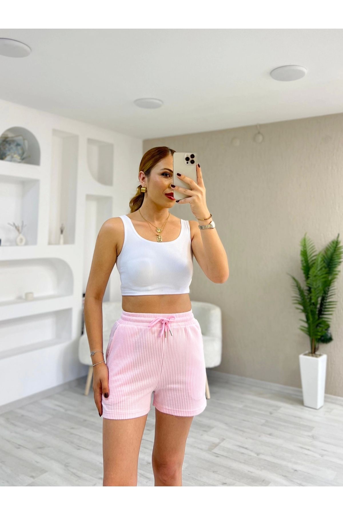 İrka Moda Çizgili Marka Şort Pembe