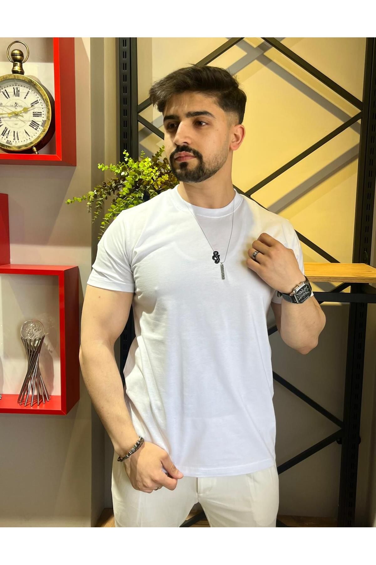 Butik Unisex Basic Ön Arka Nakışlı Bisiklet Yaka Beyaz Tişört