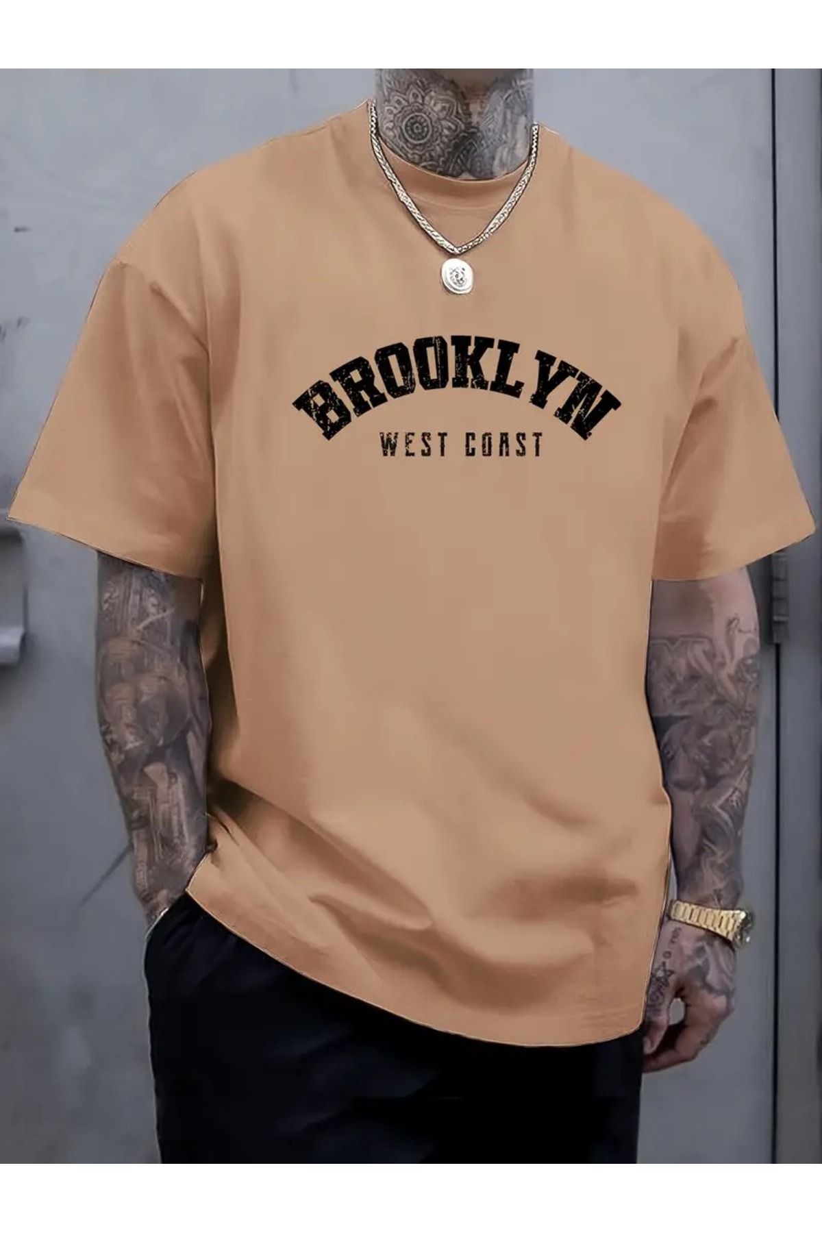 LAND MODA Büyük Beden Erkek T-shirt, BROOKLYN Baskı, Yaz Trendi Kısa Kollu Tişörtler, Büyük ve Uzun